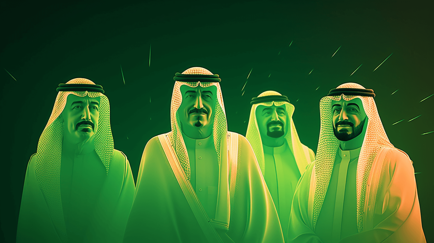 A digital line drawing of Saudi arabia leaders
