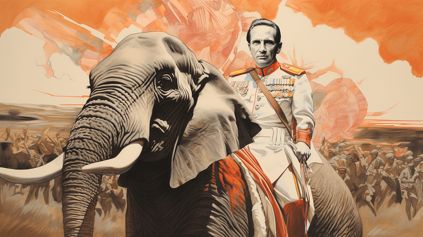 A photo of King Charles III riding an elephant