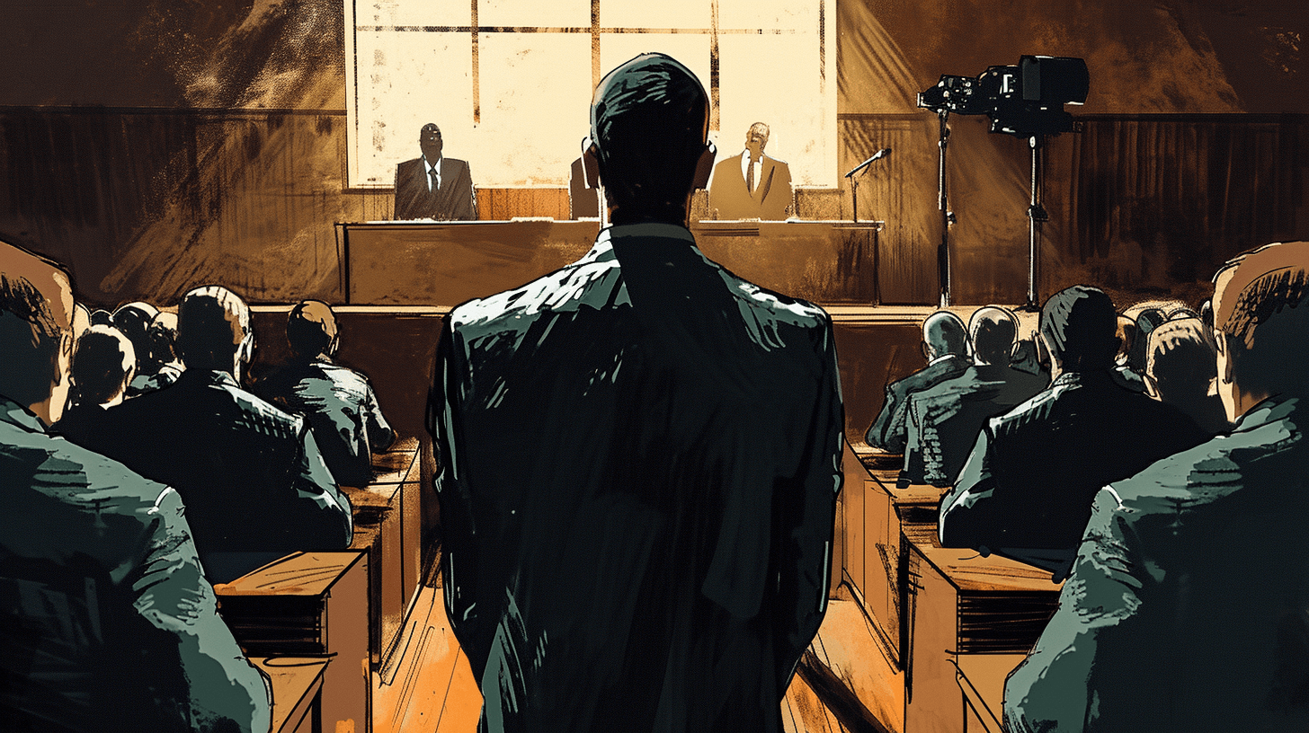 An image of a courtroom camera focused on a man with his back turned
