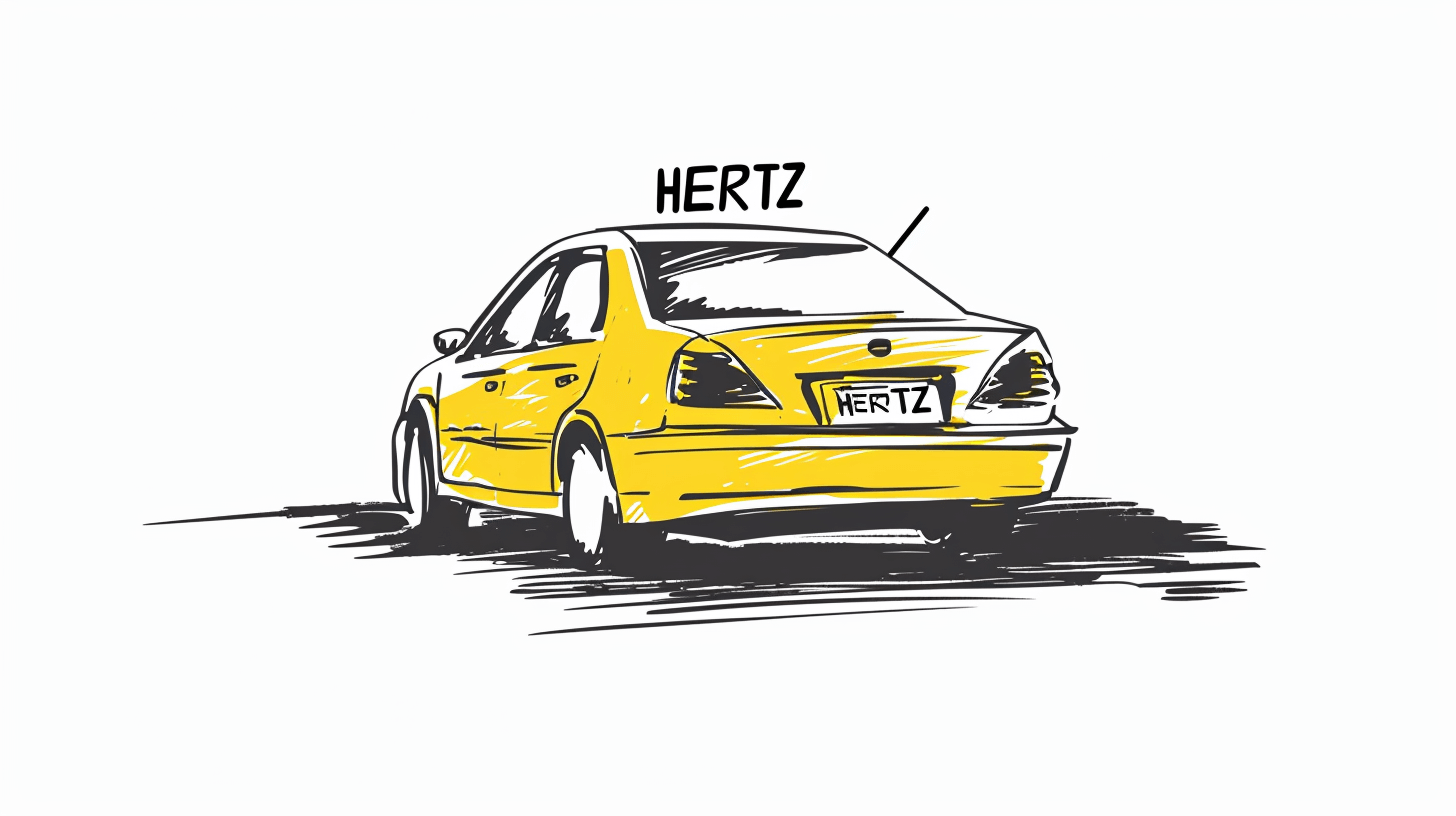 A drawing of a Yellow Car that says HERTZ in the License plate