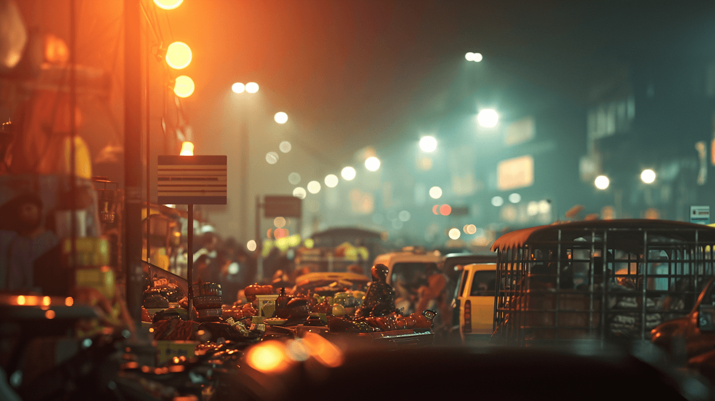 An upclose night times image of a busy street in India