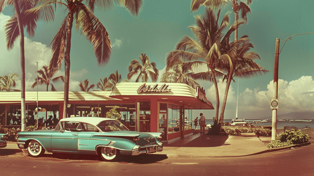 A vintage photo of a restaurant in Hawaii