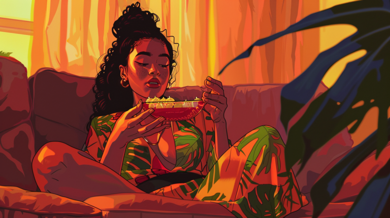 An illustration of a Modern Day Hawaiian Woman Eating on her Couch