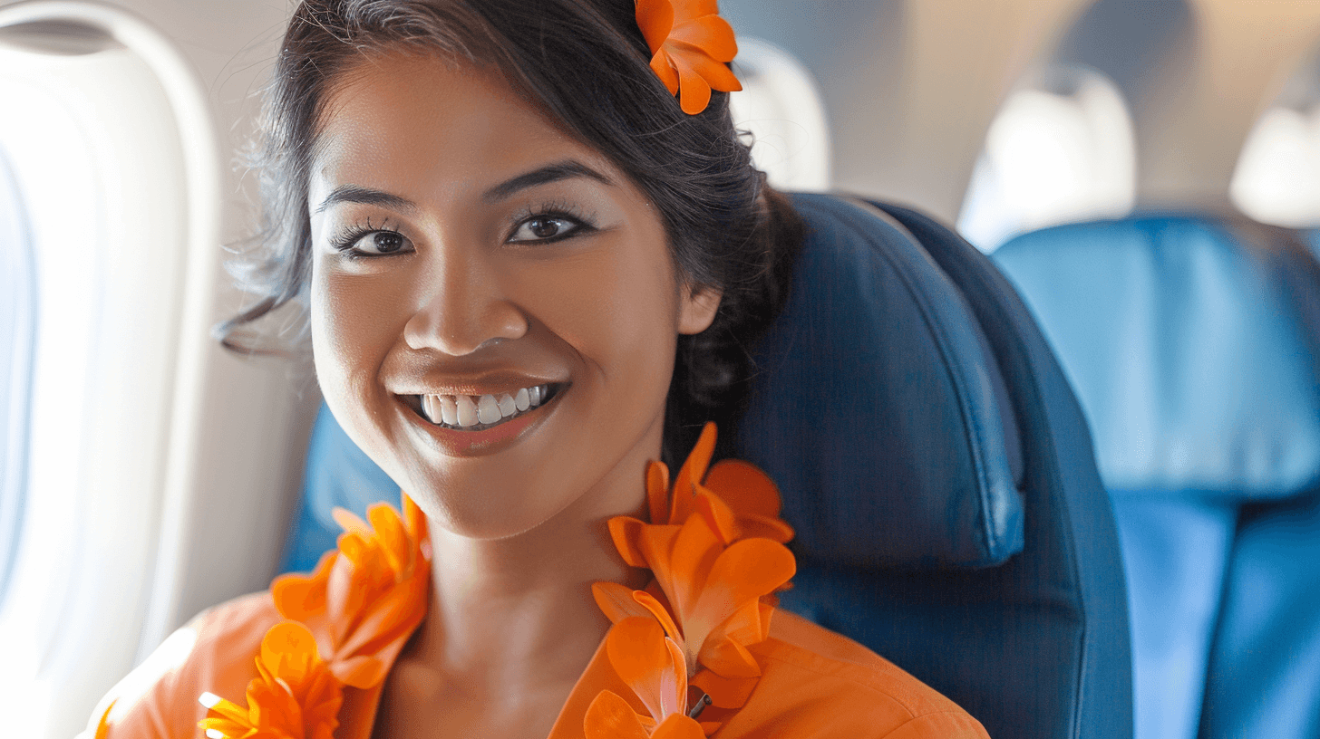 An image of a modern day Hawaiian Woman in a plane
