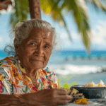 An old Hawaiian Woman having lunch at a beach