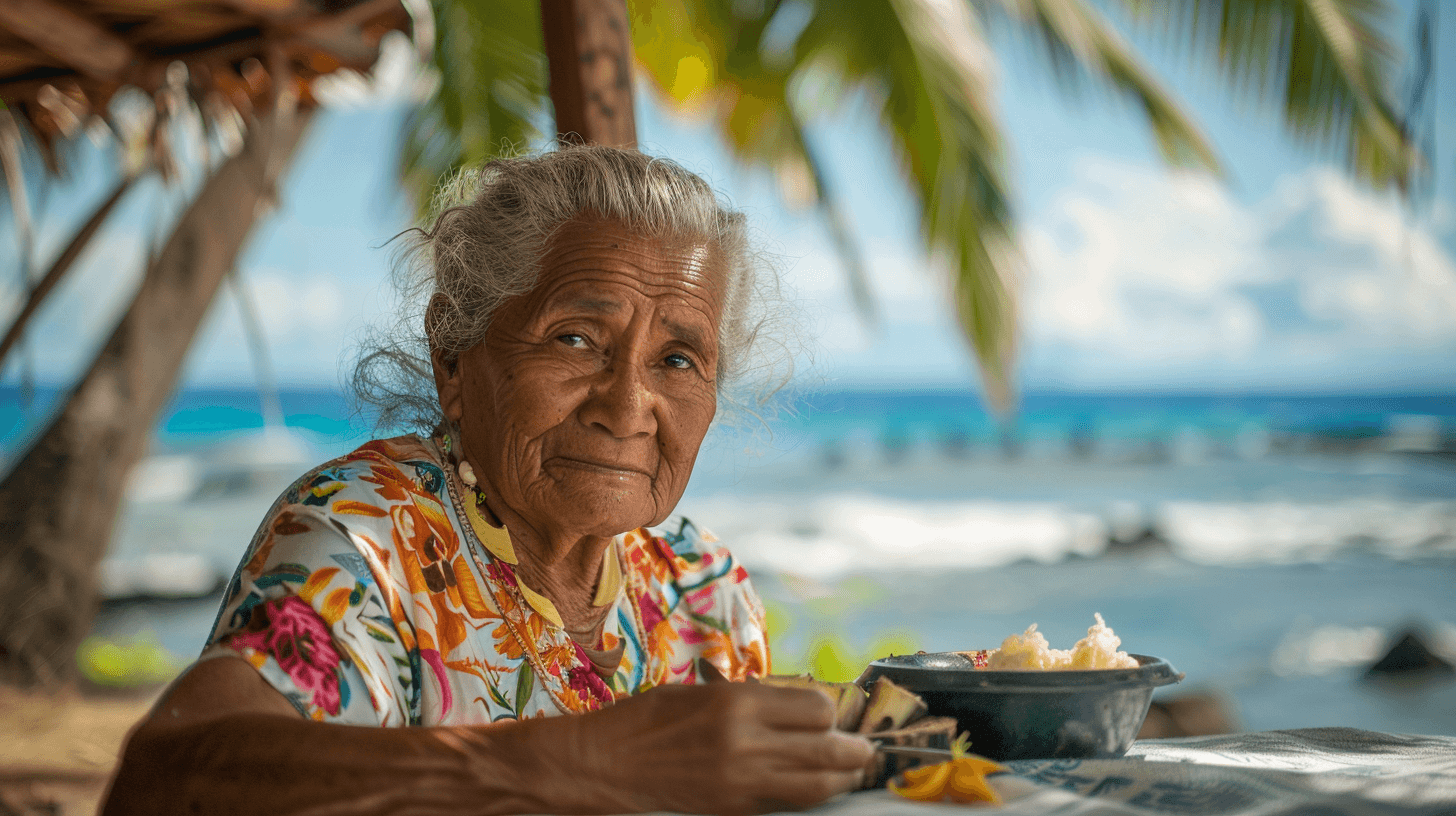 An old Hawaiian Woman having lunch at a beach